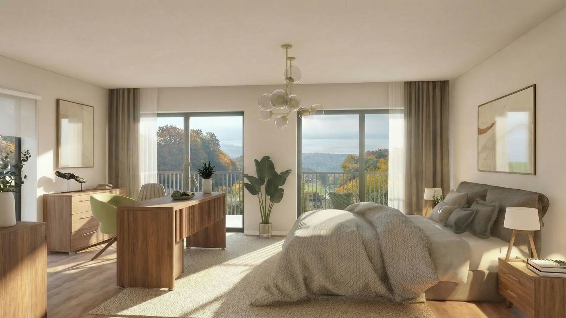 Grande chambre lumineuse aux tons naturels, avec lit double, bureau en bois, larges baies vitrées, balcon et vue dégagée.