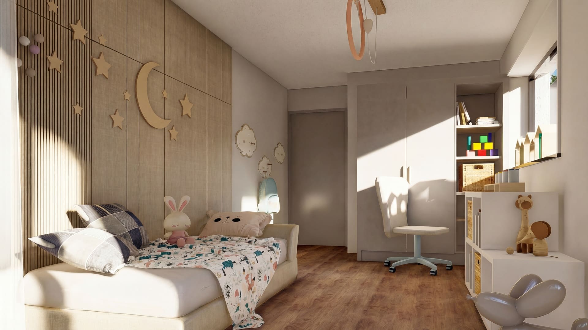 Chambre d’enfant lumineuse avec lit simple, mur en bois décoré d’étoiles et lune, rangements intégrés, bureau et parquet.