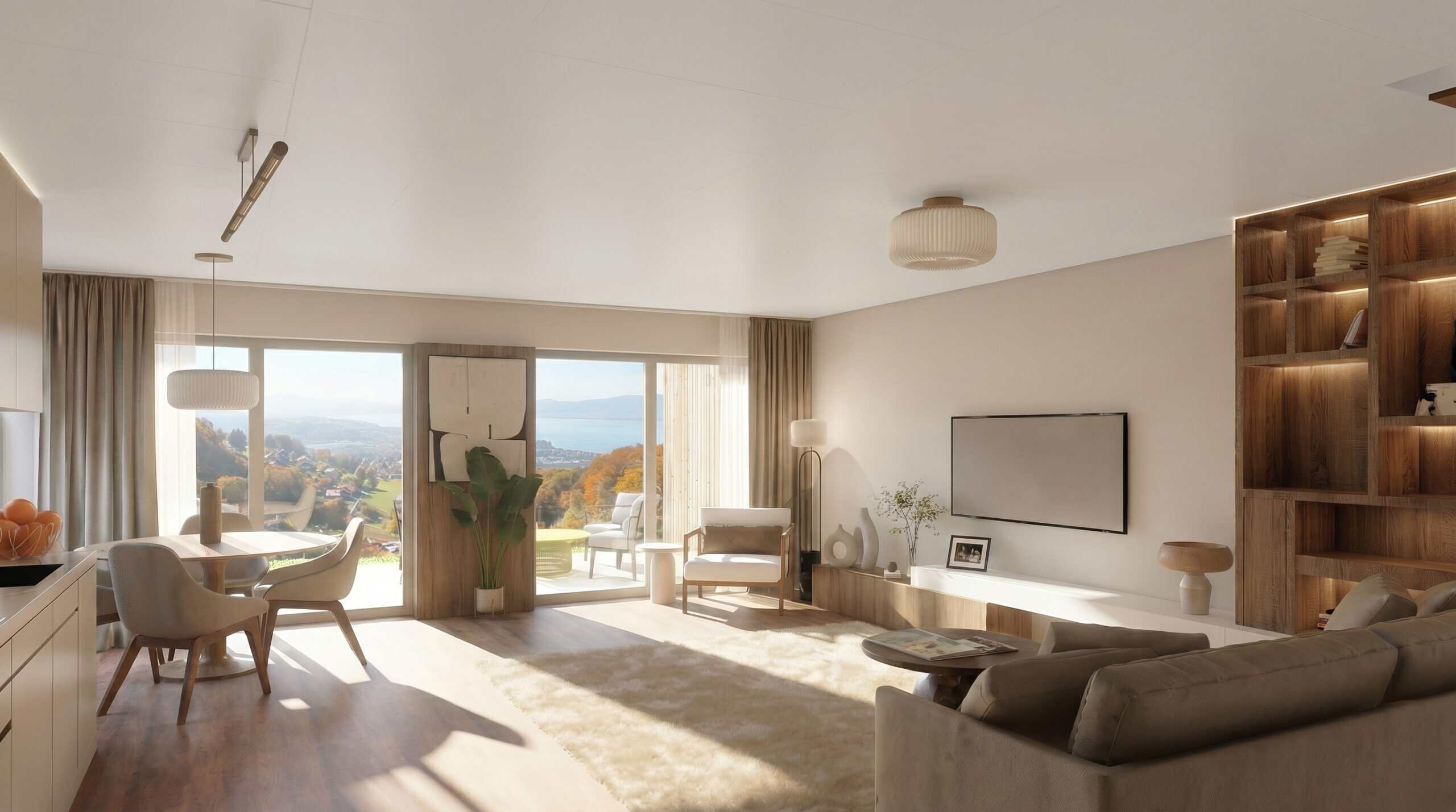 Séjour-salle à manger contemporain et lumineux avec cuisine ouverte, parquet, mobilier beige et grandes baies vitrées donnant sur une terrasse et un paysage vallonné avec le lac au loin.