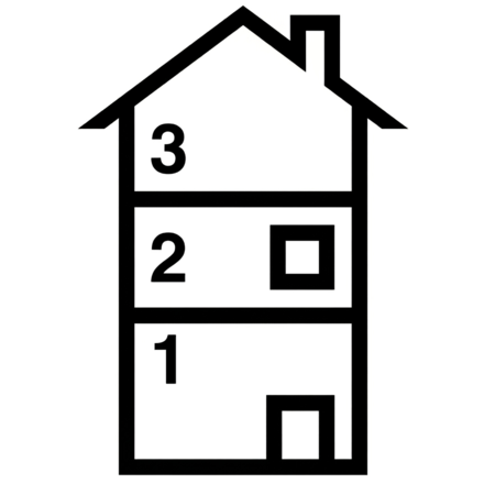 Schéma noir et blanc d’une maison sur trois niveaux numérotés 1, 2 et 3, avec une fenêtre au 2e étage et une porte au rez-de-chaussée.