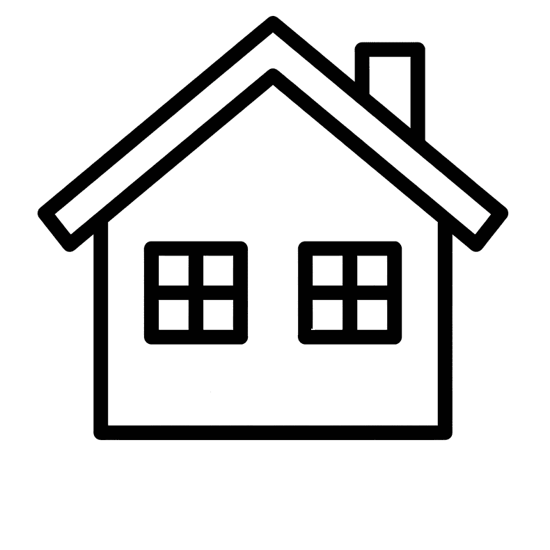 Icône noire d’une maison avec cheminée et deux fenêtres sur fond blanc.