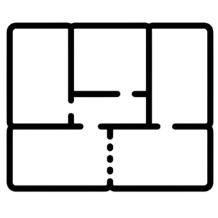 Plan schématique en noir et blanc d’un rez-de-chaussée avec plusieurs pièces et une cage d’escalier centrale.
