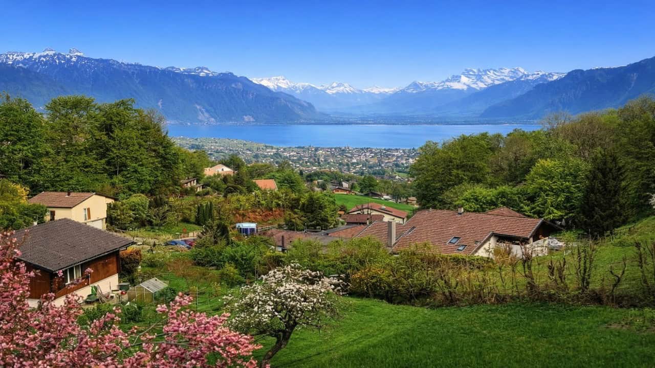 Vue dégagée sur un quartier résidentiel verdoyant avec maisons aux toits en tuiles, le lac Léman et des montagnes enneigées sous un ciel bleu.